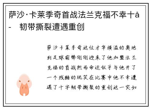 萨沙·卡莱季奇首战法兰克福不幸十字韧带撕裂遭遇重创