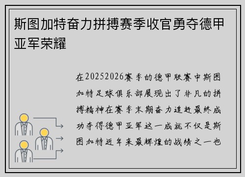 斯图加特奋力拼搏赛季收官勇夺德甲亚军荣耀